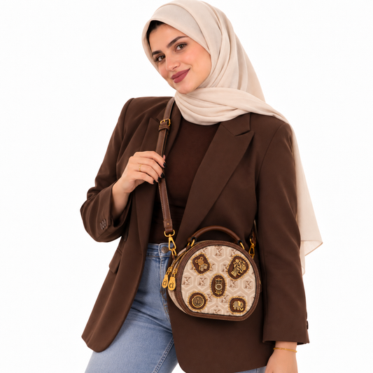 Imported Luxury Round Crossbody Bag with Embossed Details, Dust Bag & Shopping Bag