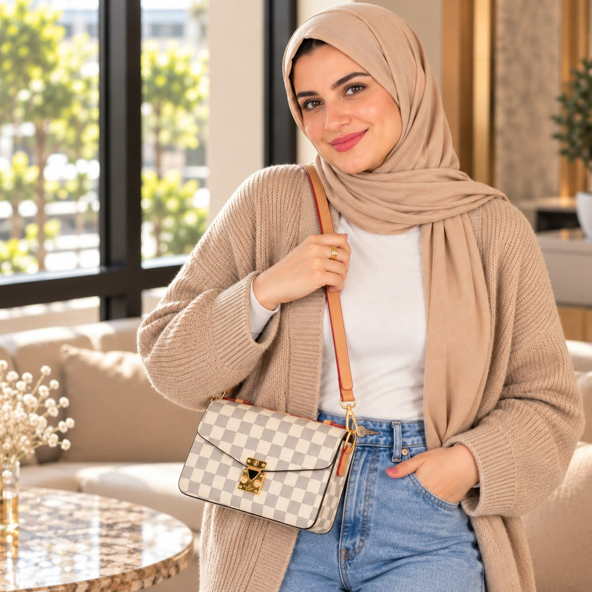 شنطة يد نسائية بنقشة هندسية مع علبة هدايا وكيس حماية