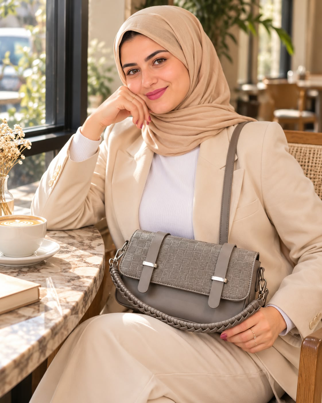 شنطة كتف وكروس بنقشة جلد التمساح وحزامين للحمل